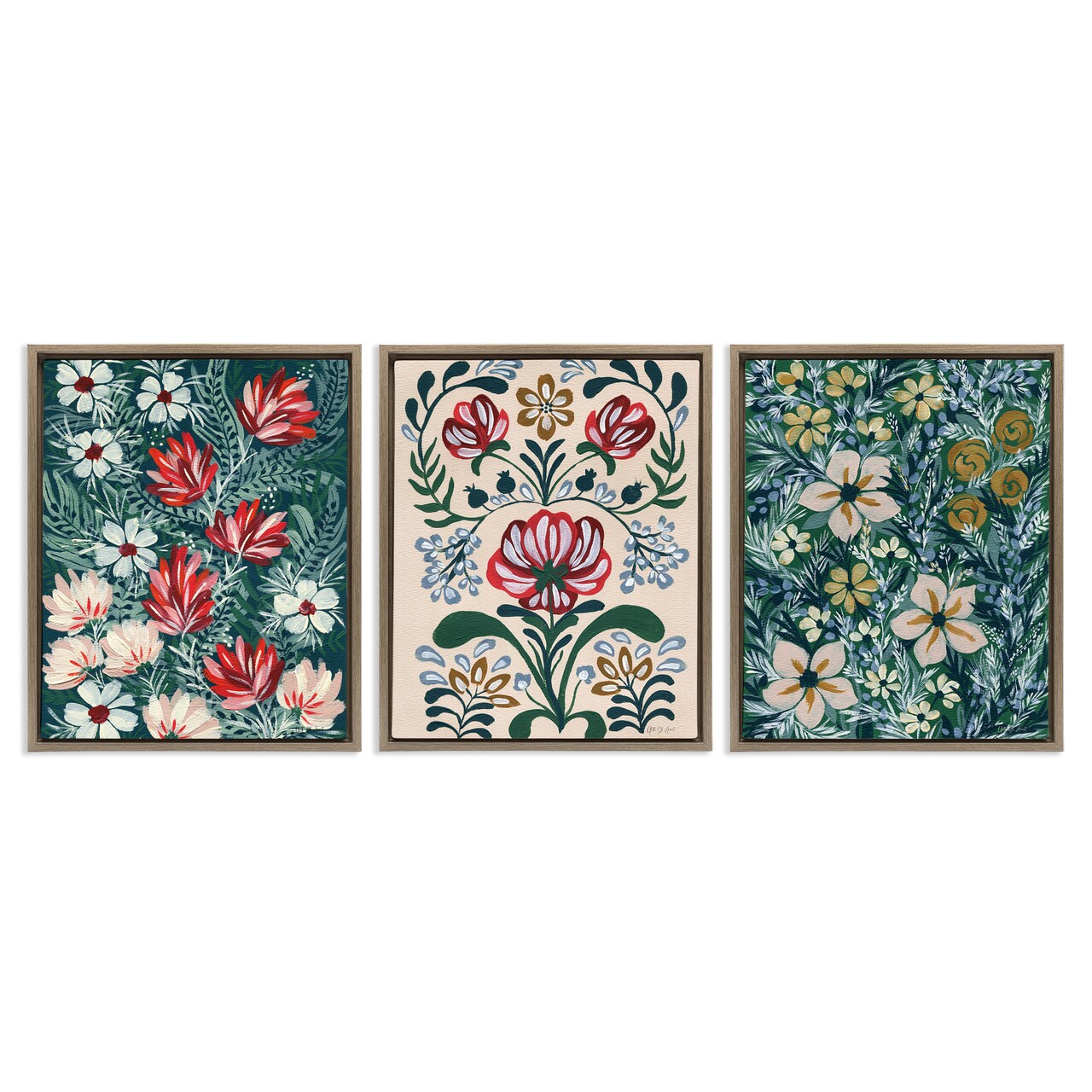 Stupell Industries Boho Folksy Florals 3pc Floater Framed Canvas Wall Art Set Design by Yvette St. Amant